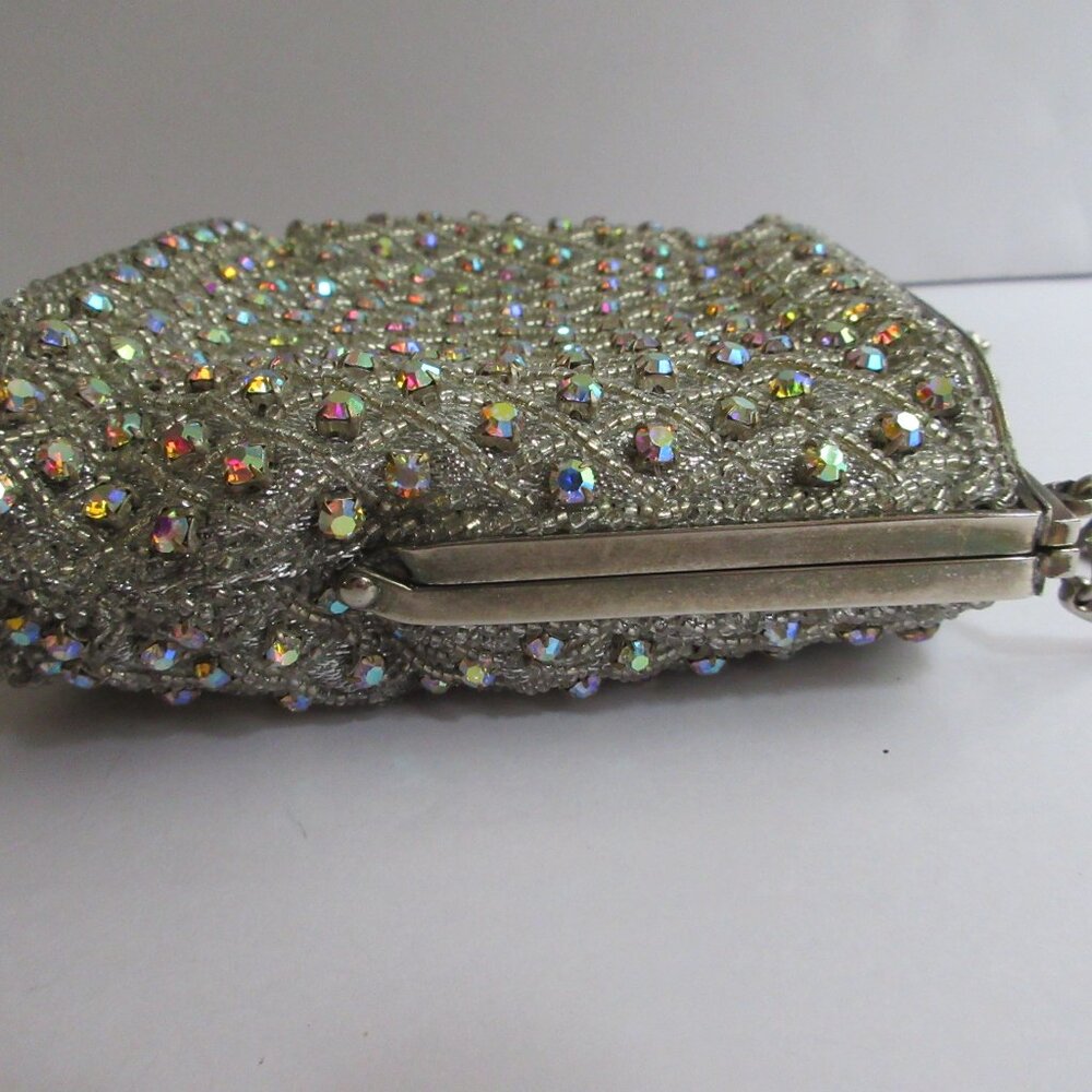 Silver Seed Bead AB Rhinestone Evening Bag Purse Metal Frame Kiss Lock Hong Kong - Picture 16 of 16